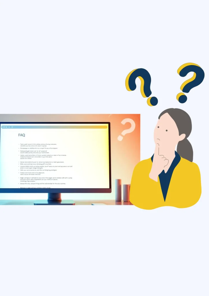digital marketing strategist in abu dhabi A laptop showing an FAQ page and a woman thinking with question marks above her head.