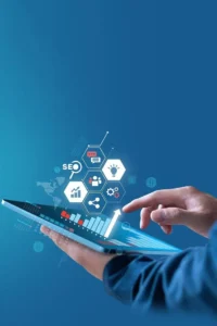 freelance digital marketing expert in abu dhabi A hand interacting with a digital tablet displaying SEO, analytics, growth charts, and digital marketing icons, representing data-driven online marketing and business growth.