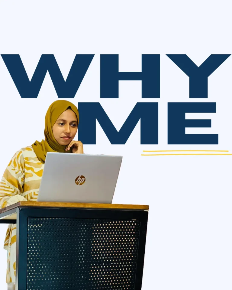 freelance digital marketing expert in abu dhabi Person in a hijab standing at a podium, working on a laptop, with large text ‘WHY ME’ in the background.